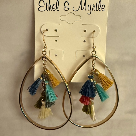 Ethel & Myrtle Gold Teardrop Dangle Earrings with Multicolor Tassels, 3” Drop - Picture 5 of 12